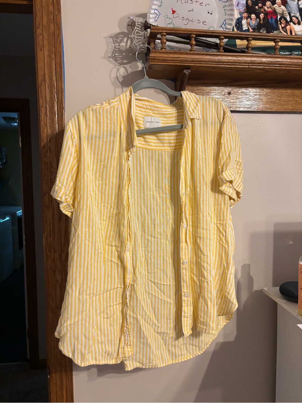 American Eagle Outfitters Yellow and White Striped Short-Sleeve Button-Down